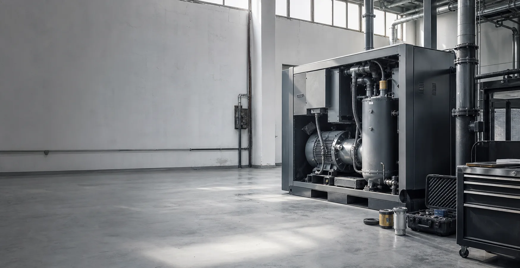 Industrial screw compressor in a clean factory compressor room