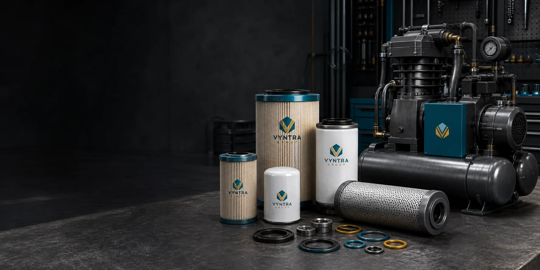 Compressor filters and service parts arranged beside industrial equipment